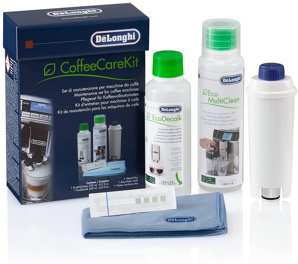 delonghi dlsc306 coffee care kit includes 1 water filter 1 ecodecalk 200ml 2 doses 1 multiclean 250ml microfiber cleaning cloth amp 1 water hardness testing kit image 1