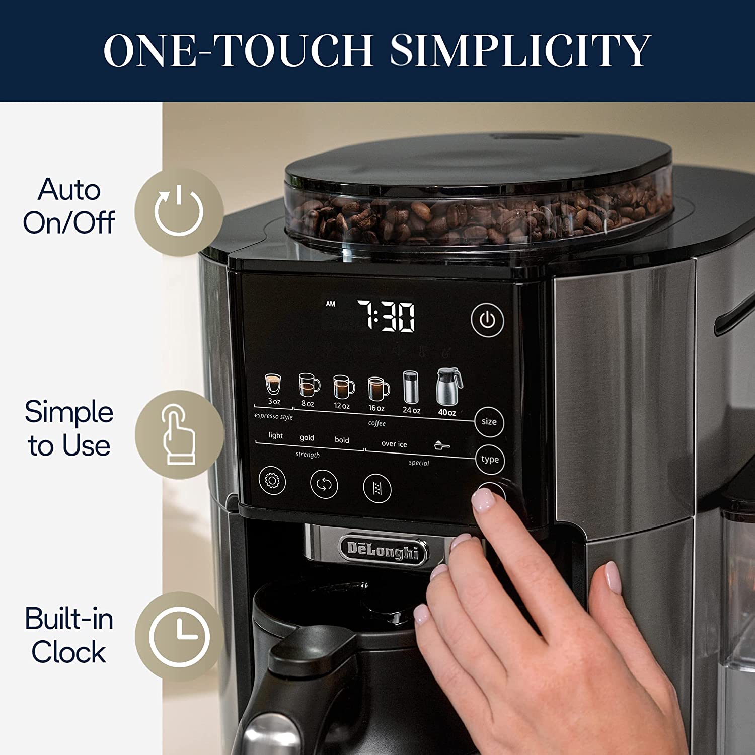 delonghi truebrew drip coffee maker with built in grinder single serve 8 oz to 24 oz with 40 oz s s carafe hot or iced coffee cam51035m image 5