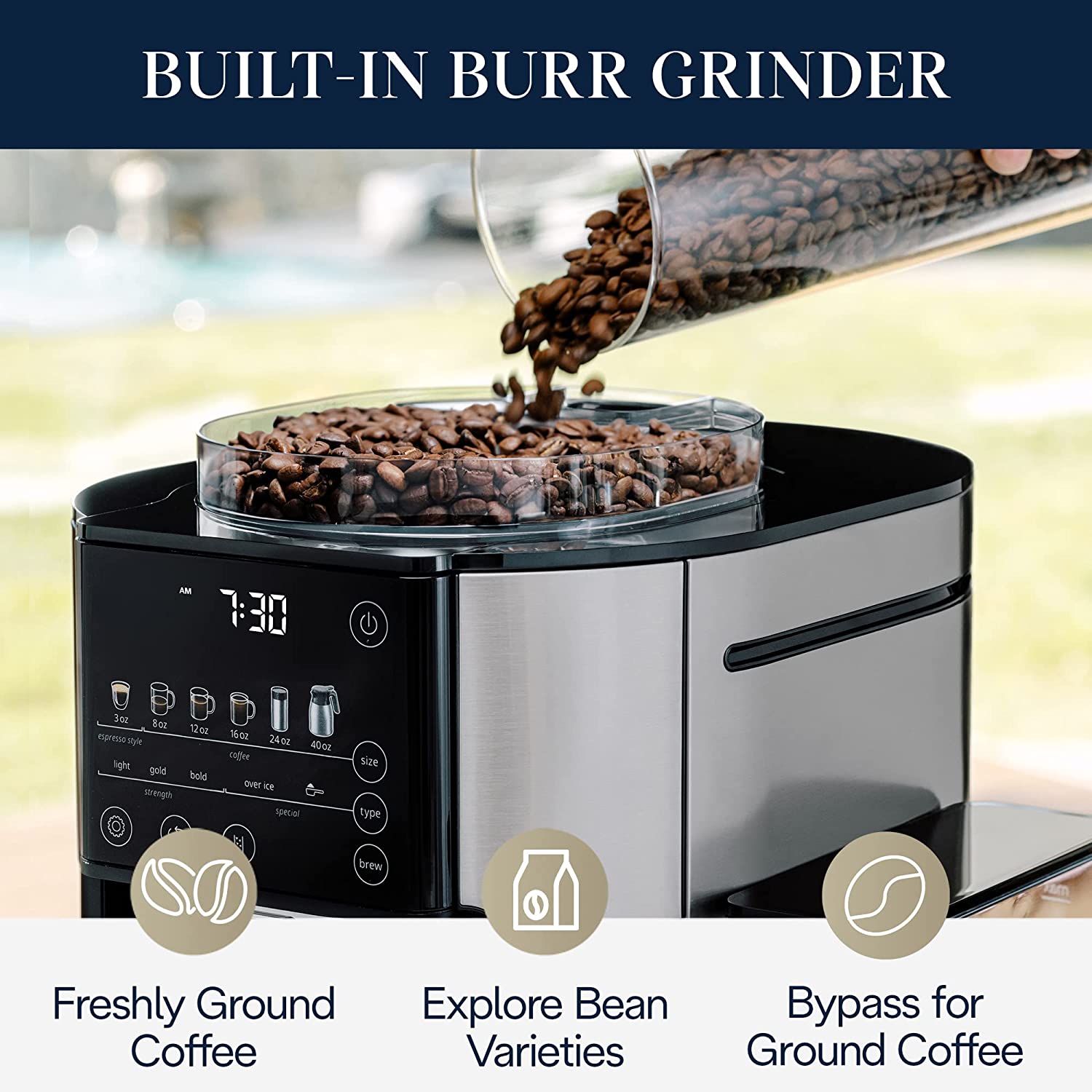 delonghi truebrew drip coffee maker with built in grinder single serve 8 oz to 24 oz with 40 oz s s carafe hot or iced coffee cam51035m image 3