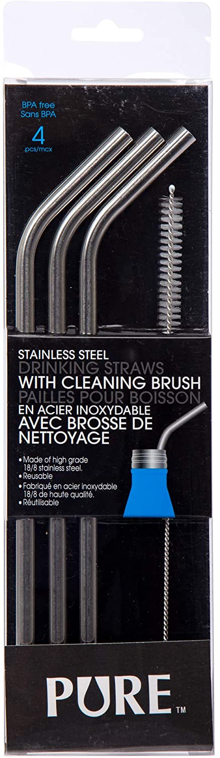 pure 4 piece stainless steel reusable straws with cleaning brush 10 inch silver image 1