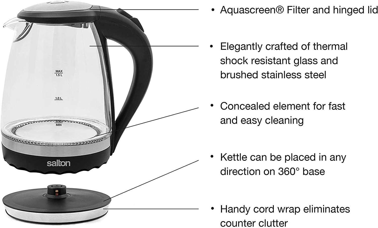 salton cordless kettle 1 5l 1100w glass body w black trim gk 1831 image 6