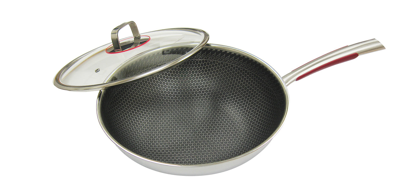laser etched hybrid non stick 3 ply stainless steel wok bchw32g 32cm with glass lid image 1