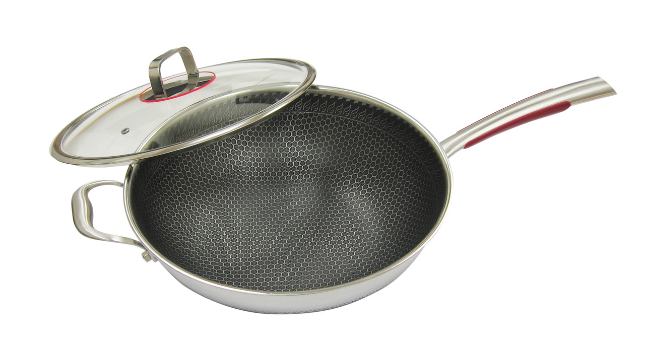 laser etched hybrid non stick 3 ply stainless steel wok bchw34g 34cm with glass lid image 1