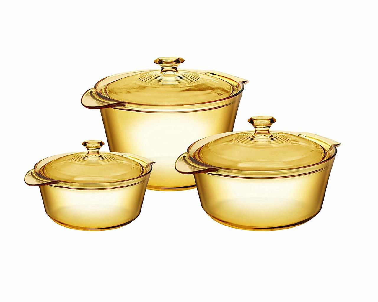 visions flair glass 6 piece set vsf355 1 6l 2 8l and 3 8l cookpot with glass covers image 1